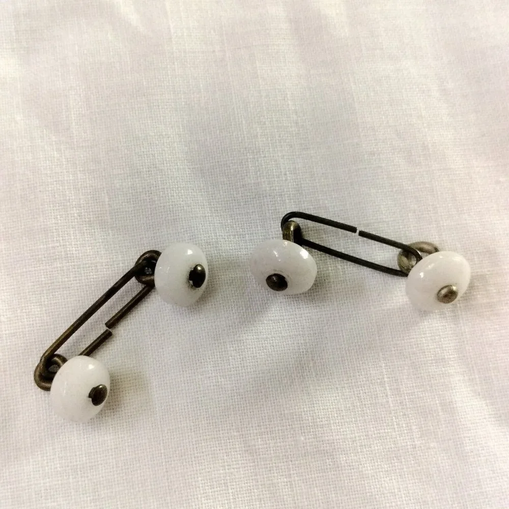 4/$20 Vintage Antique White Glass Bar Cufflinks Round Domed Simple Linked Button